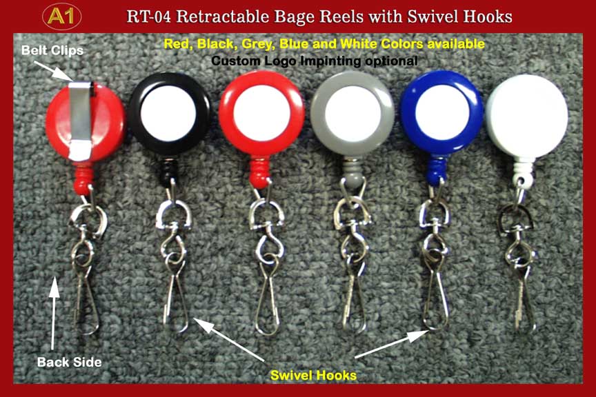 Badge Reels: RT-04 Retractable ID Card Reels with Swivel Hooks for ID card holders or badge clips