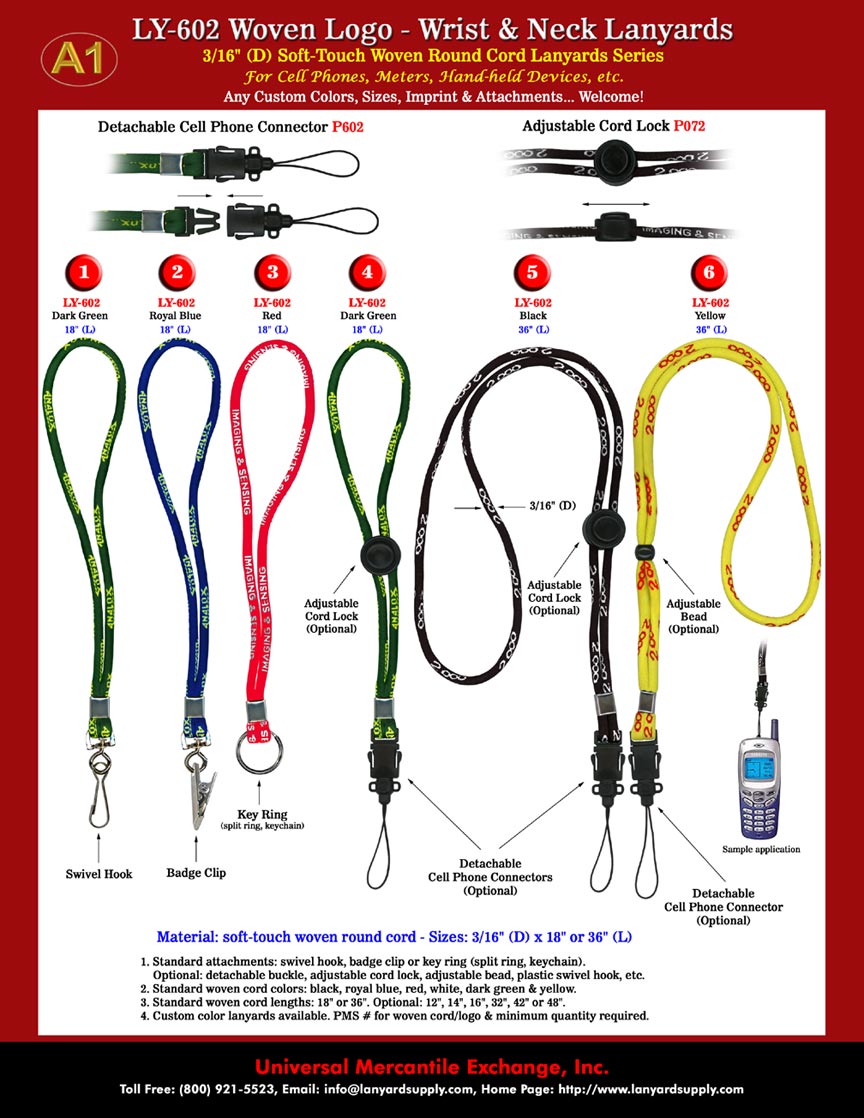 Round Cord Woven Lanyards, Cell Phone wrist lanyards and Custom Woven Neck Lanyards with Weaved-In Logos.