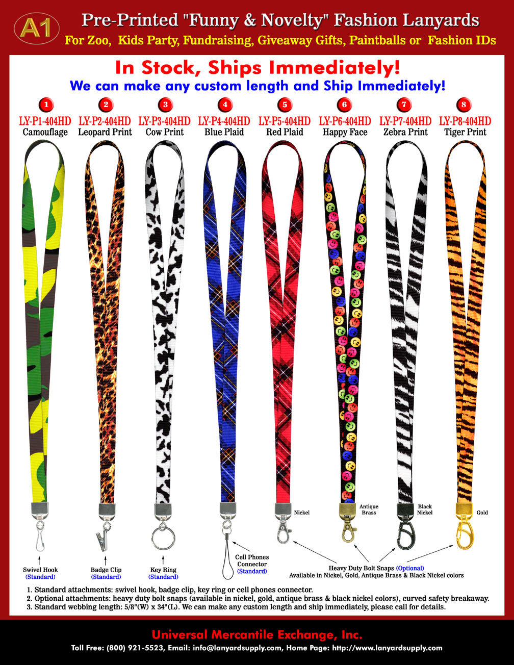 Ez-Adjustable Lanyards: Variable Length Lanyards With Belt or Hat Straps Style of Lanyard Clasps.