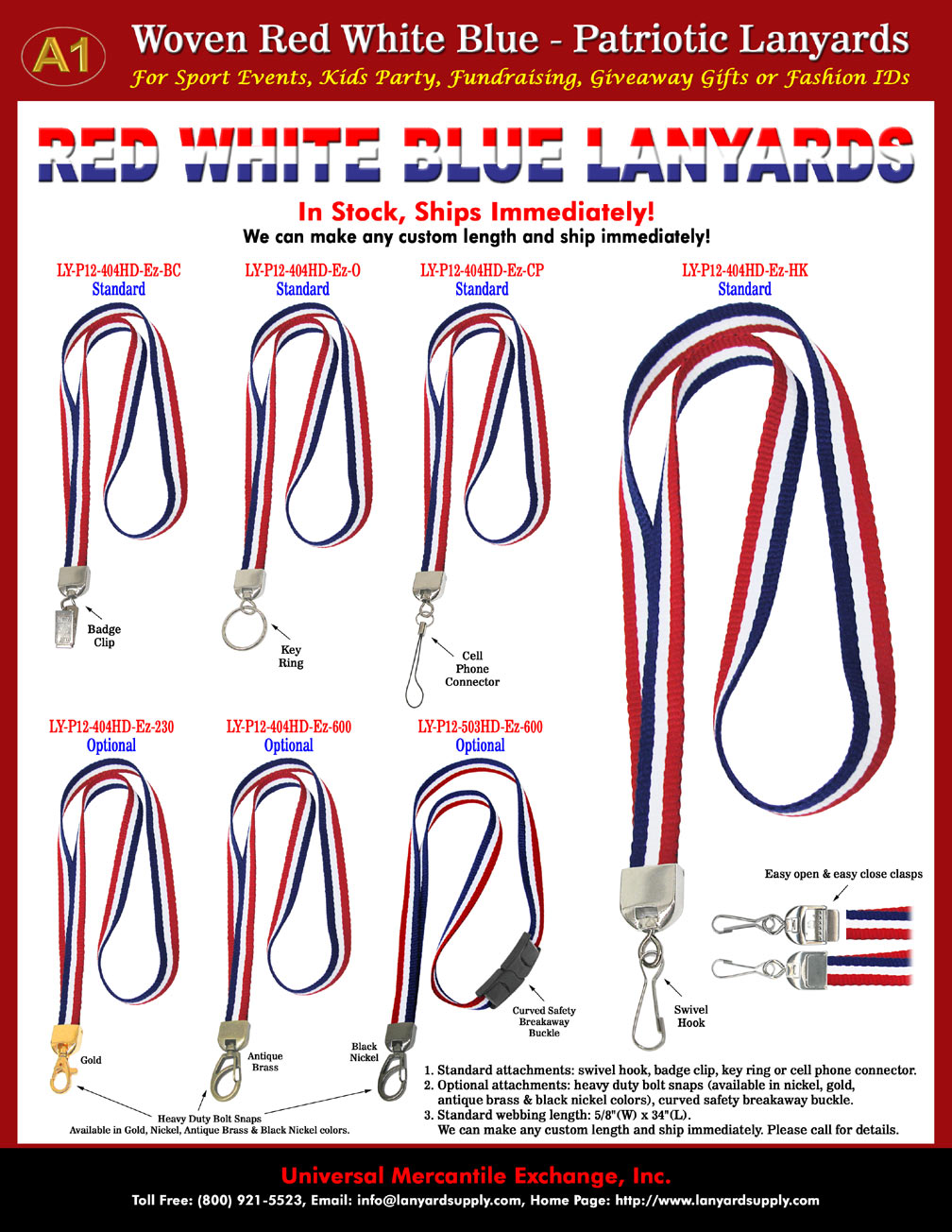 Lanyards With Woven Red-White-Blue Stripes For Cellular Phone Straps and Medal Award Neck Ribbon Lanyard Supplies
