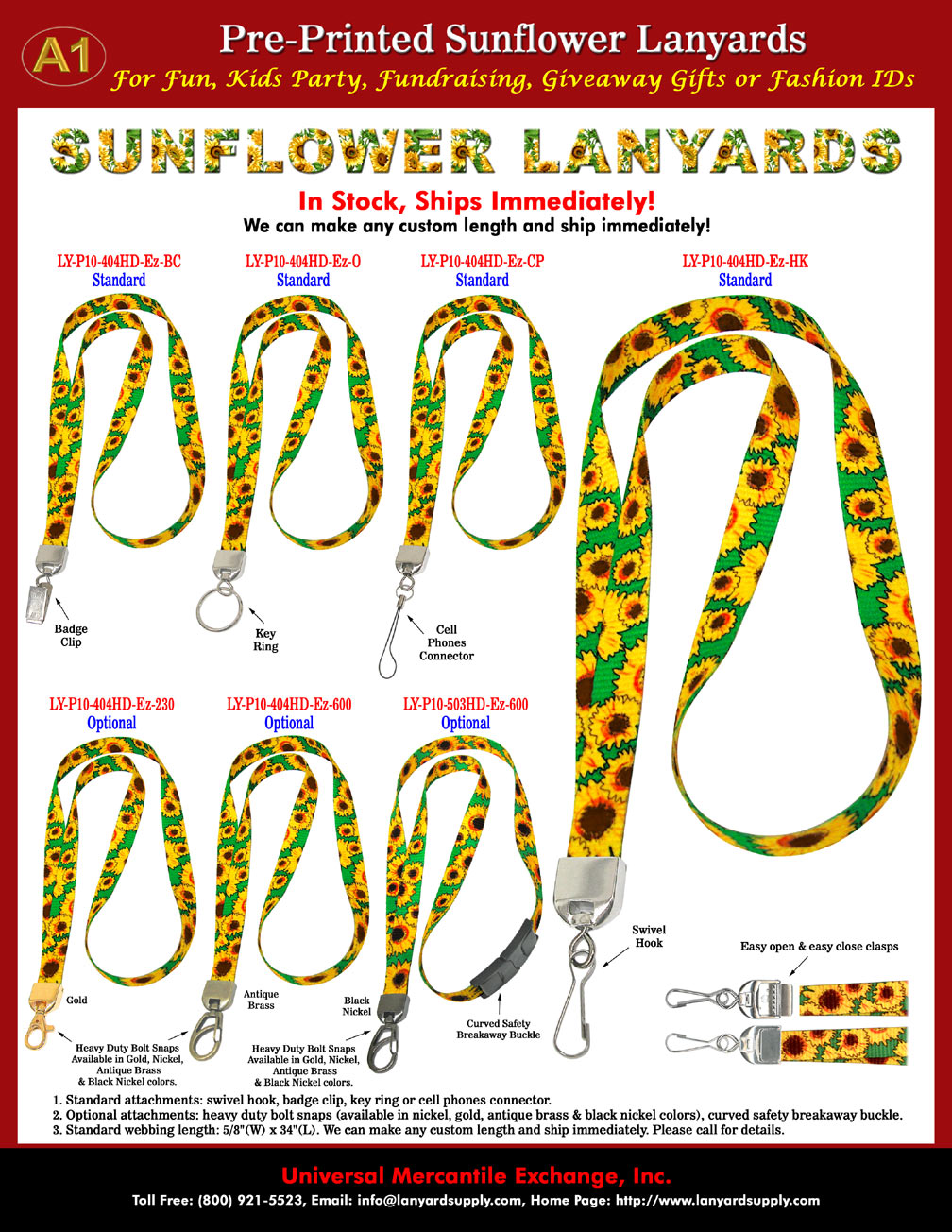 Sunflower Lanyards: Cool Sunflower Print Lanyards, Sunflower Stripes or Patterns Printed Lanyards. Good For Zoo, Kids Party, Fundraising, Promotional Giveaway, Gifts or For Small Business Fashion ID Name Badge Holders.